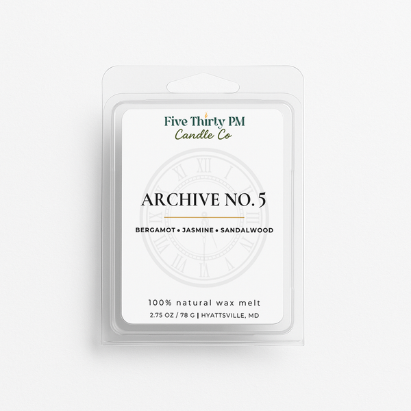 Archive No. 5 Devotion wax melt clamshell by Five Thirty PM Candle Co®, featuring a warm floral fragrance with smooth, refined notes and a sophisticated home scent experience.