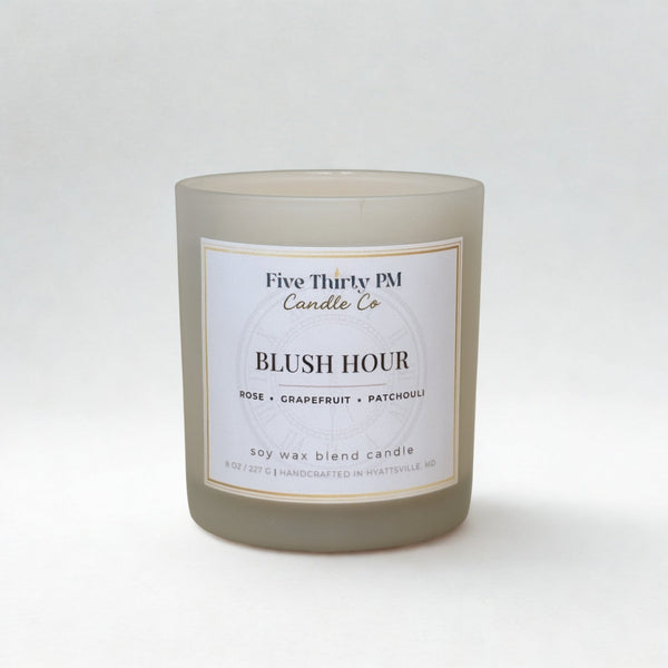 Blush Hour candle by Five Thirty PM Candle Co® in a white glass jar with a soft floral rose fragrance.