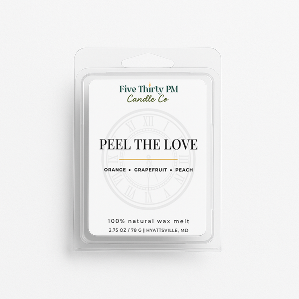 Peel the Love wax melt clamshell by Five Thirty PM Candle Co®, featuring a bright citrus fragrance with fresh grapefruit notes.