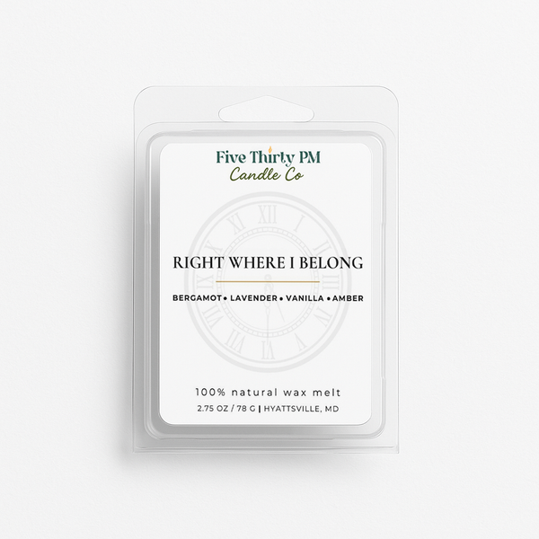 Right Where I Belong wax melt clamshell by Five Thirty PM Candle Co®, featuring soft lavender, bright bergamot, smooth vanilla, and warm amber for a comforting, balanced home fragrance.