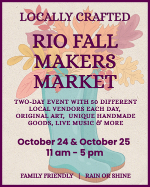 Promotional poster for the Locally Crafted Rio Fall Makers Market, featuring large purple text on a textured cream background with a teal rain boot and autumn leaves illustration.