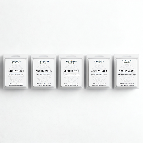 The Archive Experience wax melt set includes five wax melt clamshells - soft, layered, and quietly evolving.