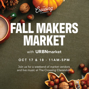 Promotional graphic for The Crossing Clarendon Fall Makers Market, featuring large white text on a dark olive-green textured background with autumn-themed props including a mug, pumpkins, walnuts, acorns, and star-shaped bowls.