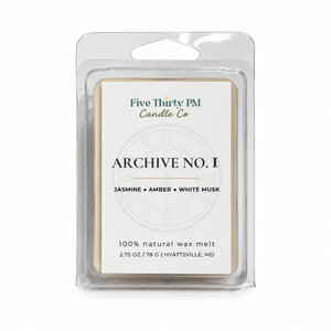 Archive No. 1 First Light wax melt clamshell by Five Thirty PM Candle Co®, featuring a clean soft floral fragrance with stone fruit, jasmine, tuberose, amber, and white musk.