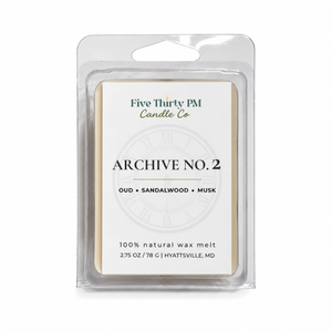 Archive No. 2 Becoming wax melt clamshell by Five Thirty PM Candle Co®, featuring a warm woody fragrance with oud, leather, incense, sandalwood, musk, patchouli, amber, and cedar.