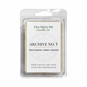 Archive No. 3 Becoming Still wax melt clamshell by Five Thirty PM Candle Co®, featuring a warm soft fragrance with floral, musky, and powdery notes for a comforting home scent experience.