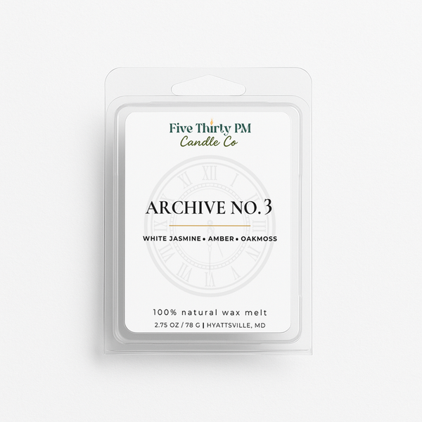 Archive No. 3 Becoming Still wax melt clamshell by Five Thirty PM Candle Co®, featuring a warm soft fragrance with floral, musky, and powdery notes for a comforting home scent experience.
