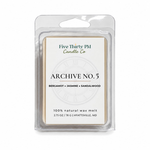 Archive No. 5 Devotion wax melt clamshell by Five Thirty PM Candle Co®, featuring a warm floral fragrance with smooth, refined notes and a sophisticated home scent experience.