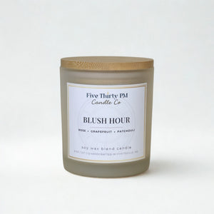 Blush Hour candle by Five Thirty PM Candle Co® in a white glass jar with a wooden lid from the Glow Up Collection.