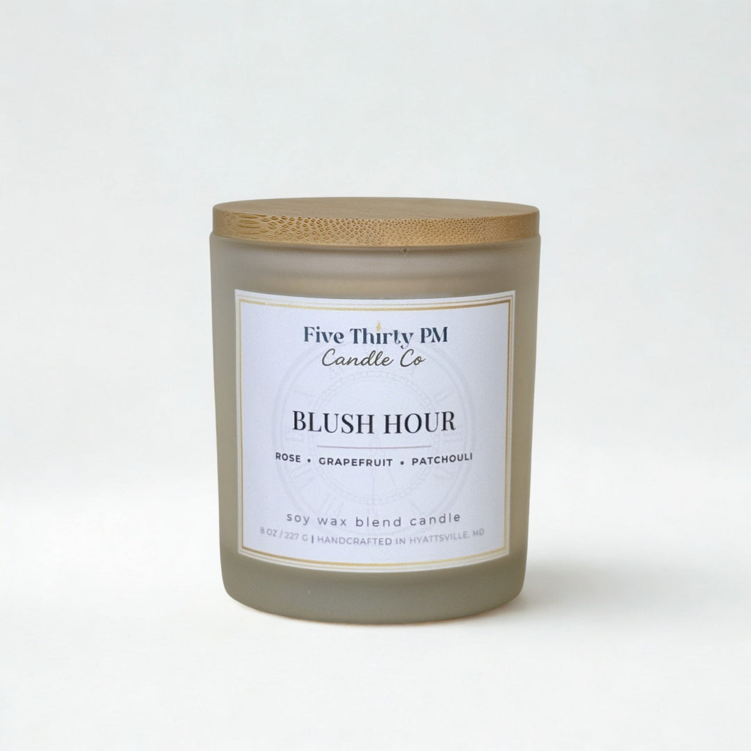 Blush Hour candle by Five Thirty PM Candle Co® in a white glass jar with a wooden lid from the Glow Up Collection.