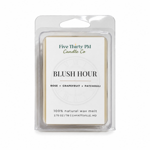 Blush Hour wax melt clamshell by Five Thirty PM Candle Co®, featuring a soft floral fragrance inspired by blooming roses.