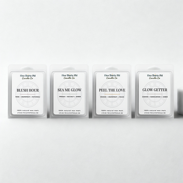Everyday Glow wax melt set featuring Blush Hour, Sea Me Glow, Peel the Love, and Glow Getter wax melts by Five Thirty PM Candle Co®.