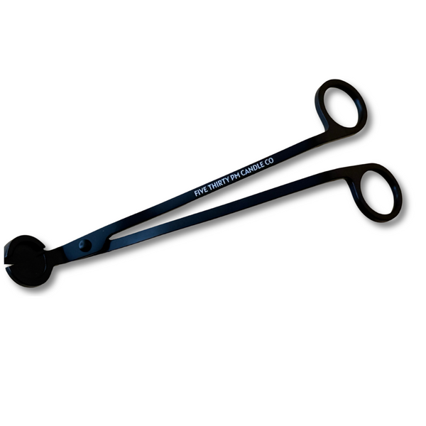 Matte black stainless steel wick trimmer engraved with Five Thirty PM Candle Co®, designed for trimming candle wicks for a cleaner and more even burn.
