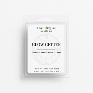 Glow Getter wax melt clamshell by Five Thirty PM Candle Co®, featuring a warm floral fragrance with jasmine and amber notes.