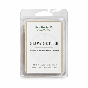 Glow Getter wax melt clamshell by Five Thirty PM Candle Co®, featuring a warm floral fragrance with jasmine and amber notes.