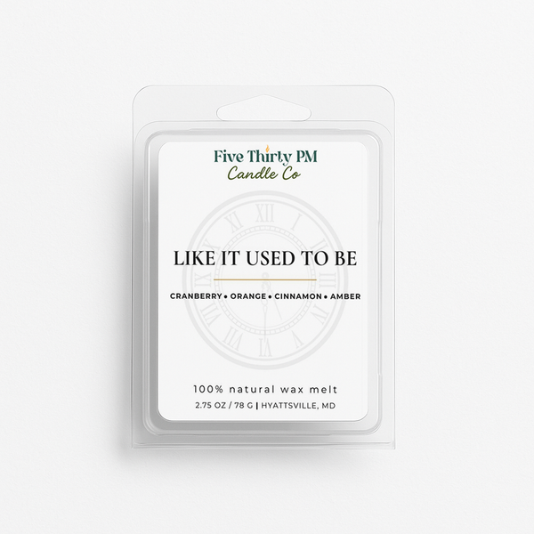 Like It Used To Be wax melt clamshell by Five Thirty PM Candle Co®, featuring tart cranberry, bright orange, gentle cinnamon, and smooth amber for a warm, inviting home fragrance.