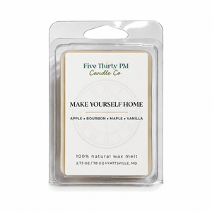 Make Yourself Home wax melt clamshell by Five Thirty PM Candle Co®, featuring crisp apple, warm bourbon, maple, and smooth vanilla for a rich, comforting home fragrance.