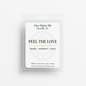 Peel the Love wax melt clamshell by Five Thirty PM Candle Co®, featuring a bright citrus fragrance with fresh grapefruit notes.