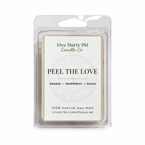 Peel the Love wax melt clamshell by Five Thirty PM Candle Co®, featuring a bright citrus fragrance with fresh grapefruit notes.
