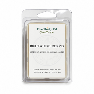 Right Where I Belong wax melt clamshell by Five Thirty PM Candle Co®, featuring soft lavender, bright bergamot, smooth vanilla, and warm amber for a comforting, balanced home fragrance.