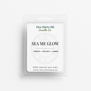 Sea Me Glow wax melt clamshell by Five Thirty PM Candle Co®, featuring a fresh floral fragrance with orchid and sea salt notes.