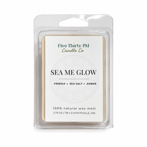 Sea Me Glow wax melt clamshell by Five Thirty PM Candle Co®, featuring a fresh floral fragrance with orchid and sea salt notes.