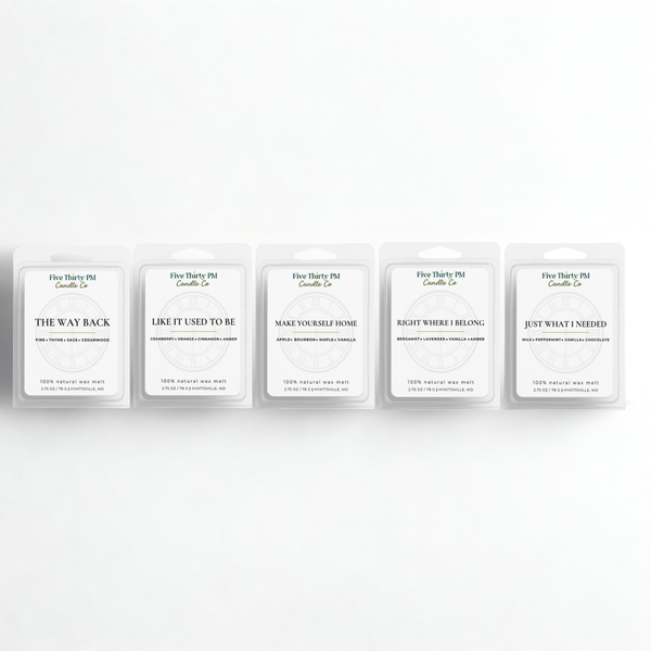 The Comforts of Home wax melt set featuring The Way Back, Like It Used To Be, Make Yourself Home, Right Where I Belong, and Just What I Needed wax melts by Five Thirty PM Candle Co®.