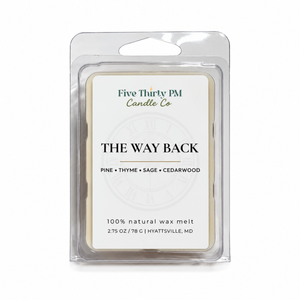 The Way Back wax melt clamshell by Five Thirty PM Candle Co®, featuring fresh pine, aromatic thyme and sage, and warm cedarwood for a fresh, woodsy home fragrance.
