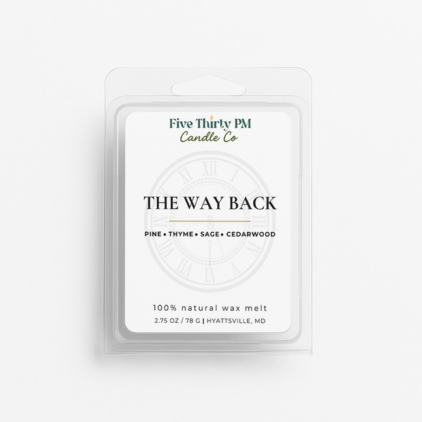 The Way Back wax melt clamshell by Five Thirty PM Candle Co®, featuring fresh pine, aromatic thyme and sage, and warm cedarwood for a fresh, woodsy home fragrance.