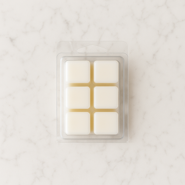 Back view of a wax melt clamshell featuring six hand-poured wax melt cubes by Five Thirty PM Candle Co®.