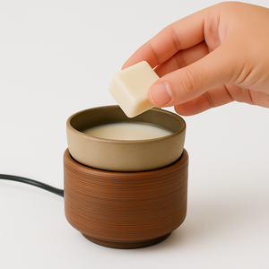 Hand placing a wax melt cube into an electric wax warmer for a flameless home fragrance experience.